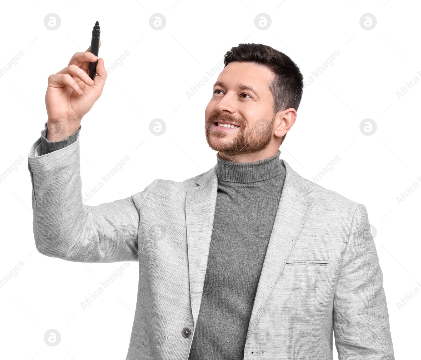 Photo of Handsome bearded businessman with marker on white background