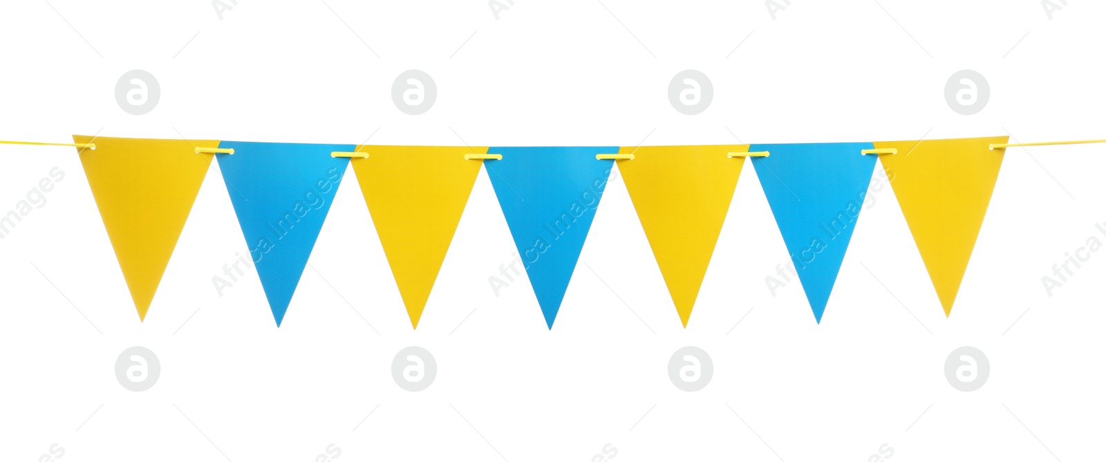 Photo of Triangular bunting flags on white background. Festive decor