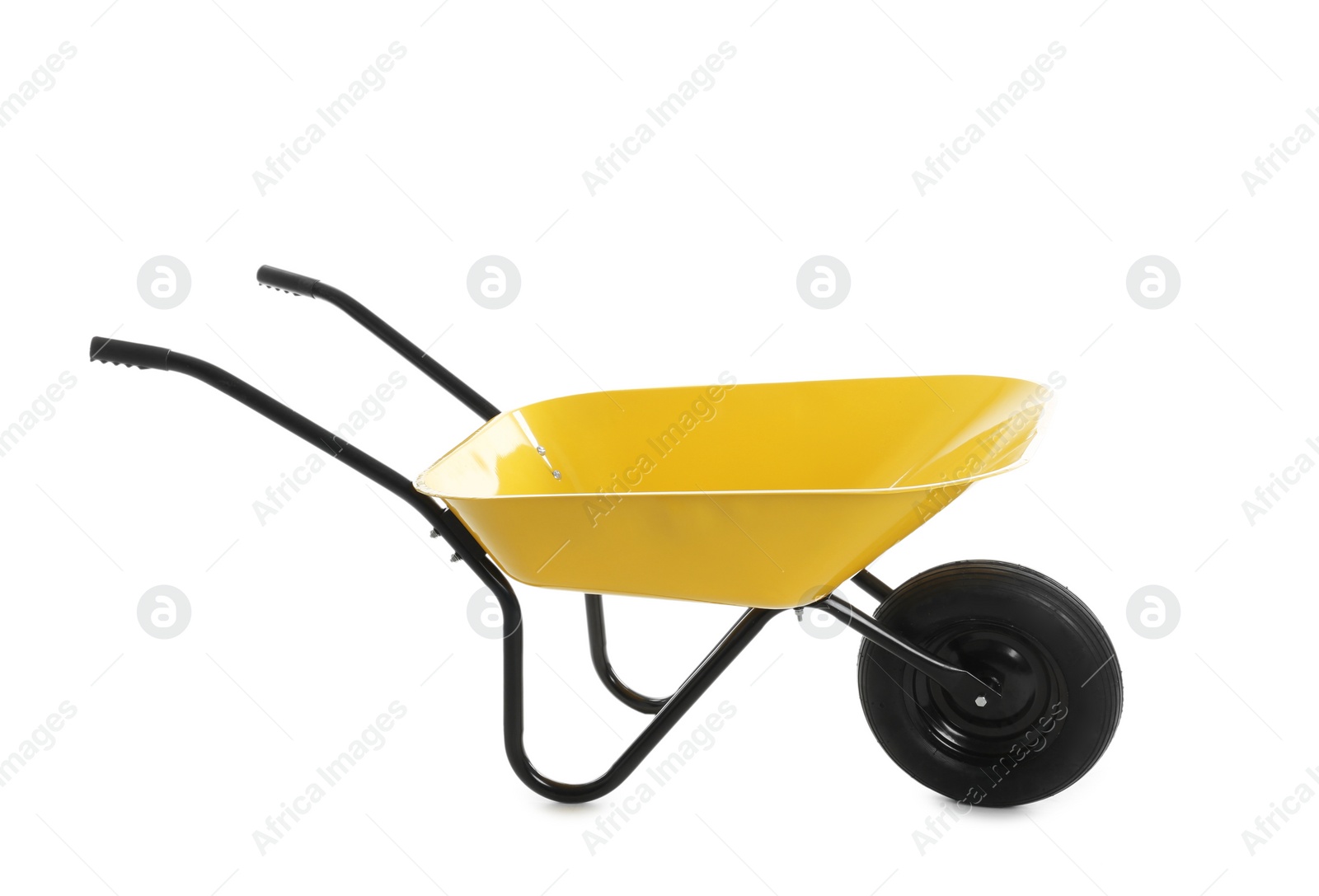 Photo of Color wheelbarrow isolated on white. Gardening tool