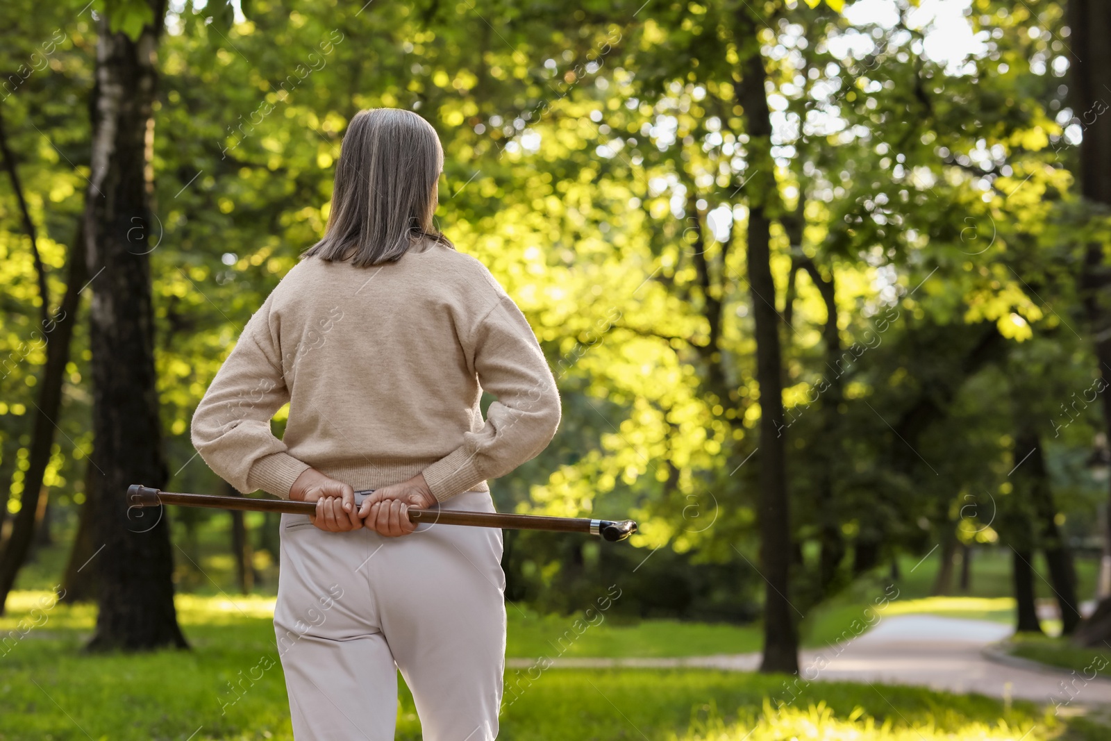 Photo of Senior woman with walking cane in park, back view. Space for text