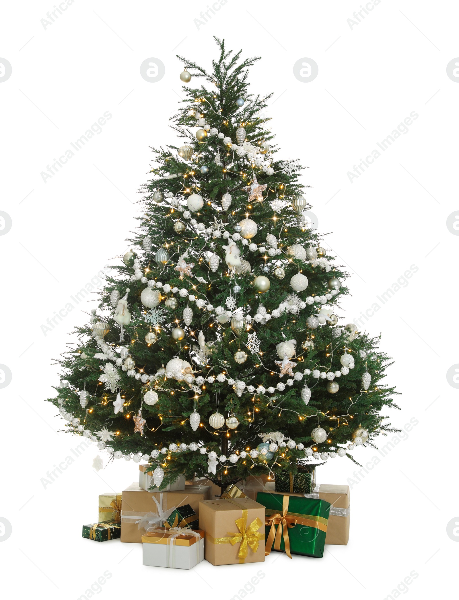 Photo of Christmas tree with beautiful decorations and gifts on white background