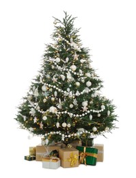 Photo of Christmas tree with beautiful decorations and gifts on white background