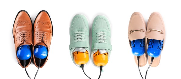 Image of Top view of dIfferent stylish footwear with electric shoe dryers on white background, collage. Banner design