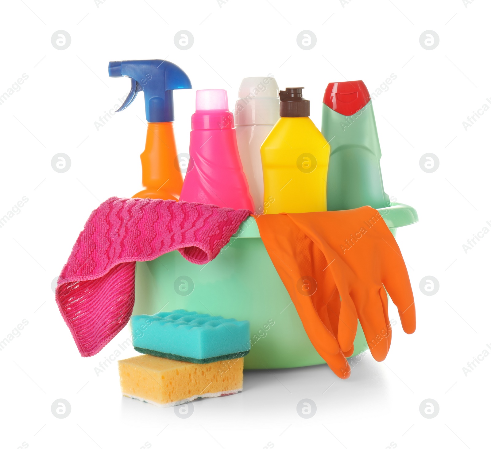 Photo of Bucket with cleaning supplies on white background