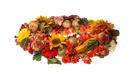 Photo of Beautiful autumnal wreath with flowers, berries and fruits isolated on white