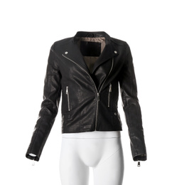 Photo of Stylish leather jacket on mannequin against white background. Women's clothes