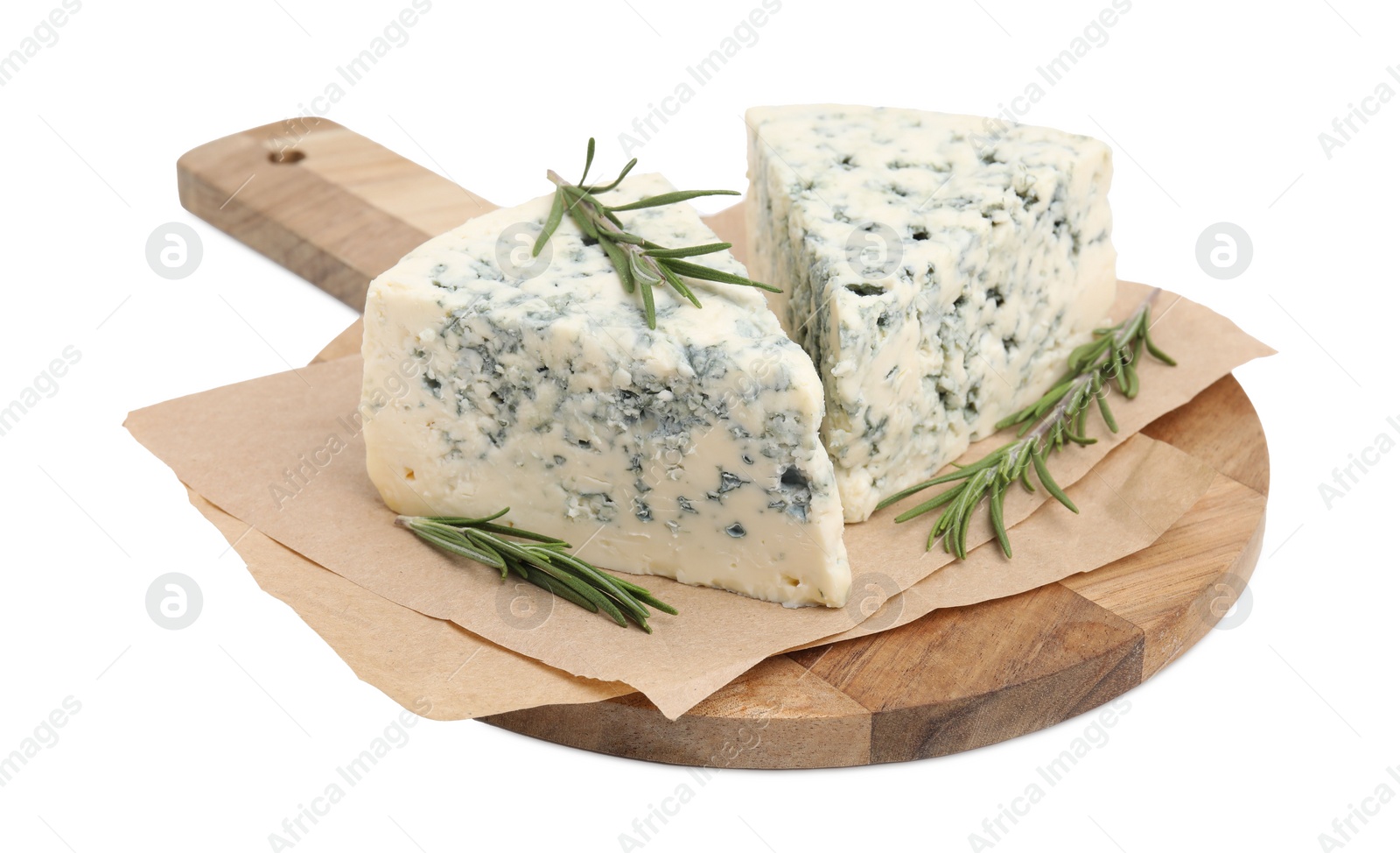 Photo of Tasty blue cheese with rosemary isolated on white