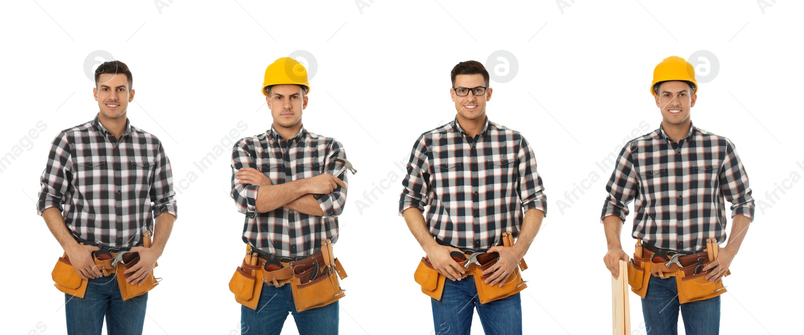 Image of Collage of handsome carpenter on white background