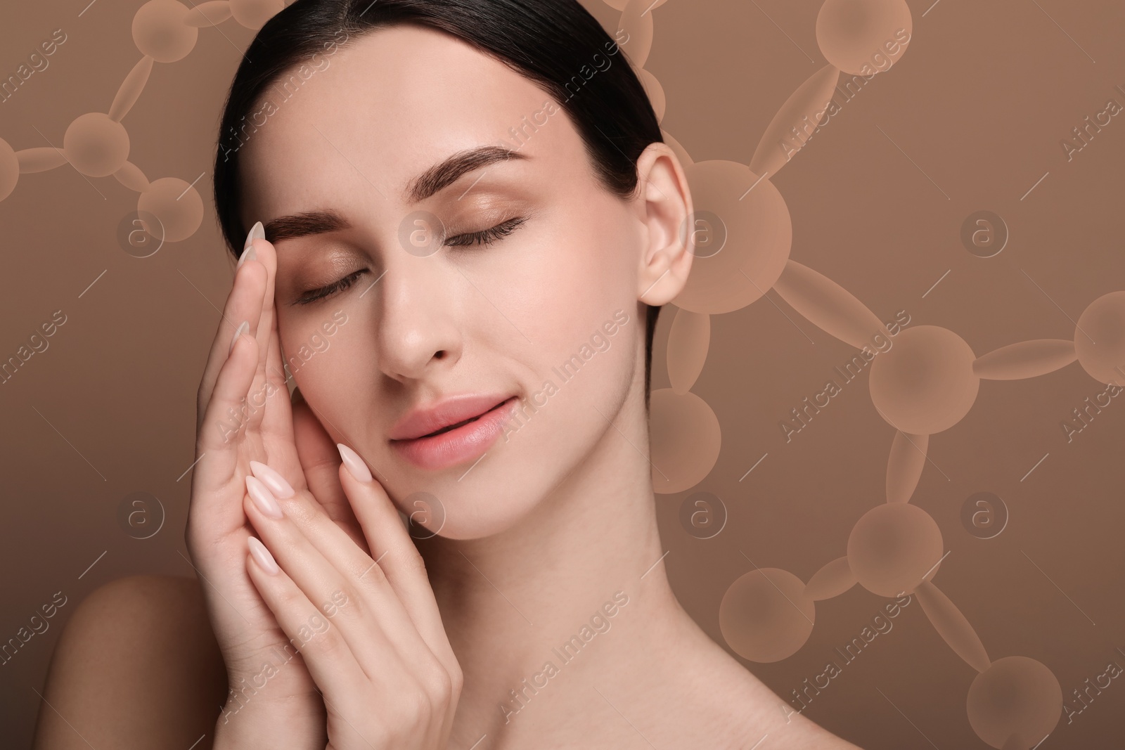 Image of Beautiful woman with perfect healthy skin and molecular model on brown background. Innovative cosmetology