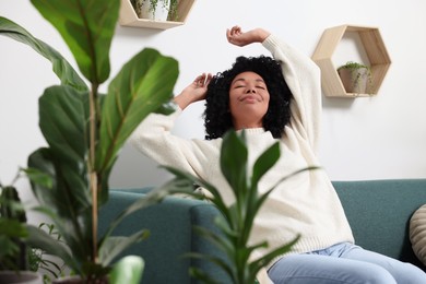 Woman relaxing on sofa near beautiful houseplants at home