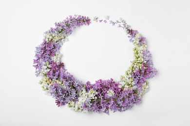 Blossoming lilac flowers on white background, top view. Space for text
