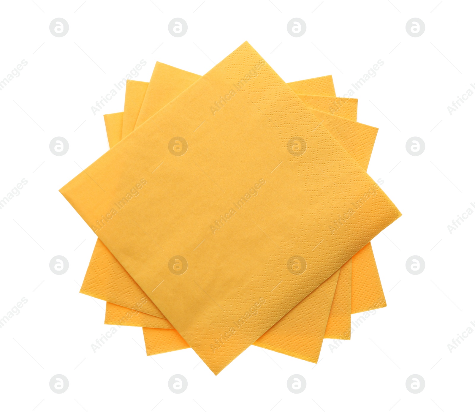 Photo of Yellow clean paper tissues on white background, top view