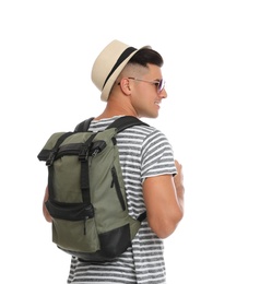 Photo of Man with hat and backpack on white background, back view. Summer travel