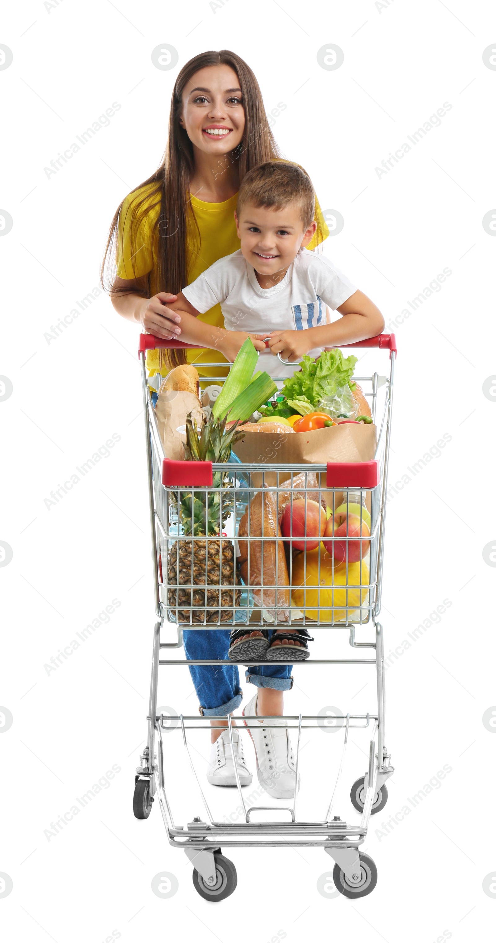 Photo of Mother and son with full shopping cart on white background