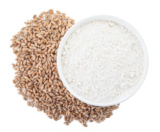 Bowl with organic flour and grains of wheat on white background, top view