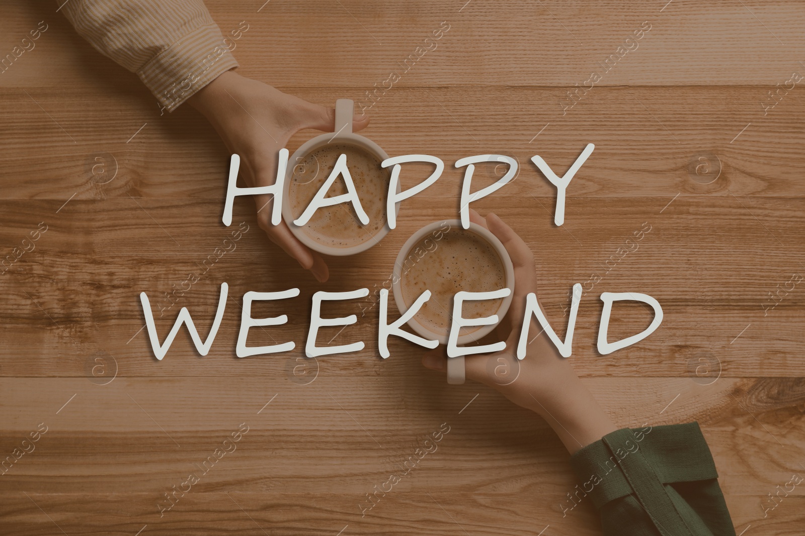 Image of Happy Weekend. Women with cups of coffee at wooden table, top view