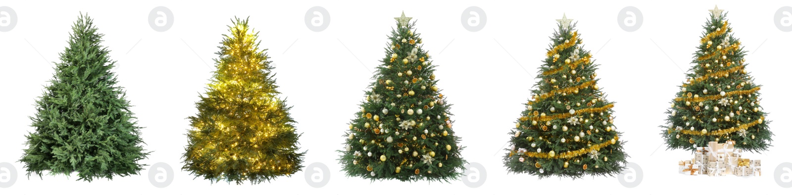 Image of Christmas tree isolated on white, step-by-step decorating
