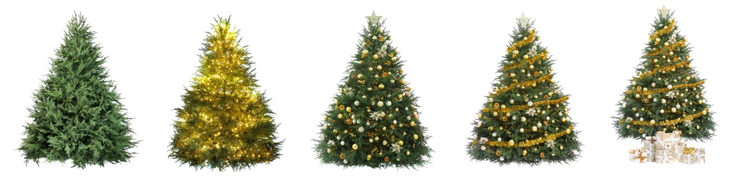 Christmas tree isolated on white, step-by-step decorating