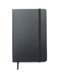 Photo of Closed notebook with blank black cover isolated on white, top view