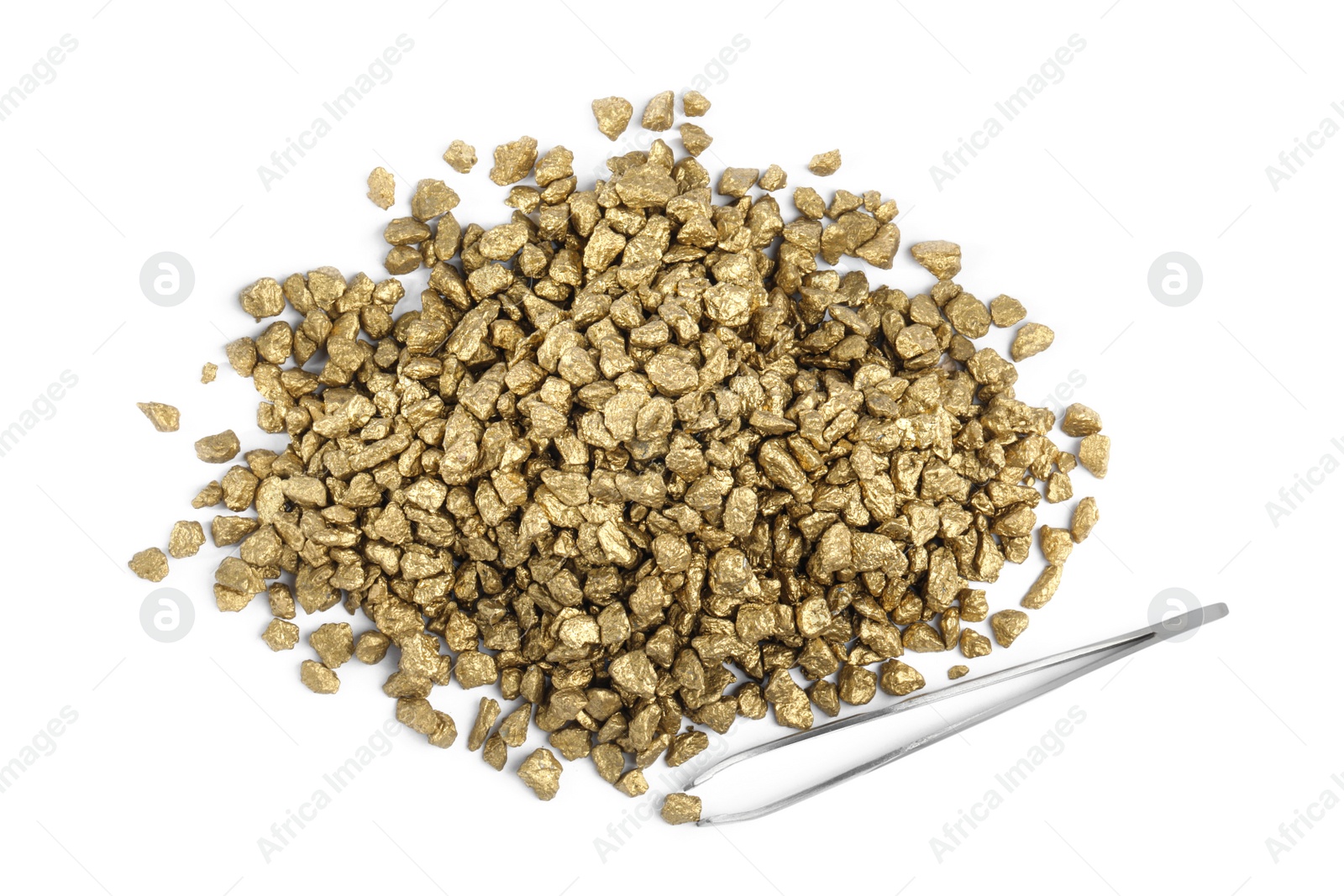 Photo of Pile of gold nuggets and tweezers on white background, top view