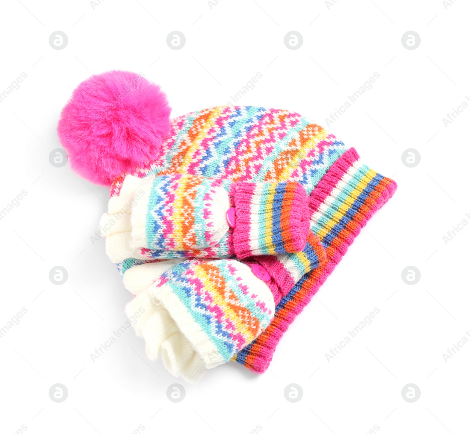 Photo of Warm knitted hat and mittens on white background, top view