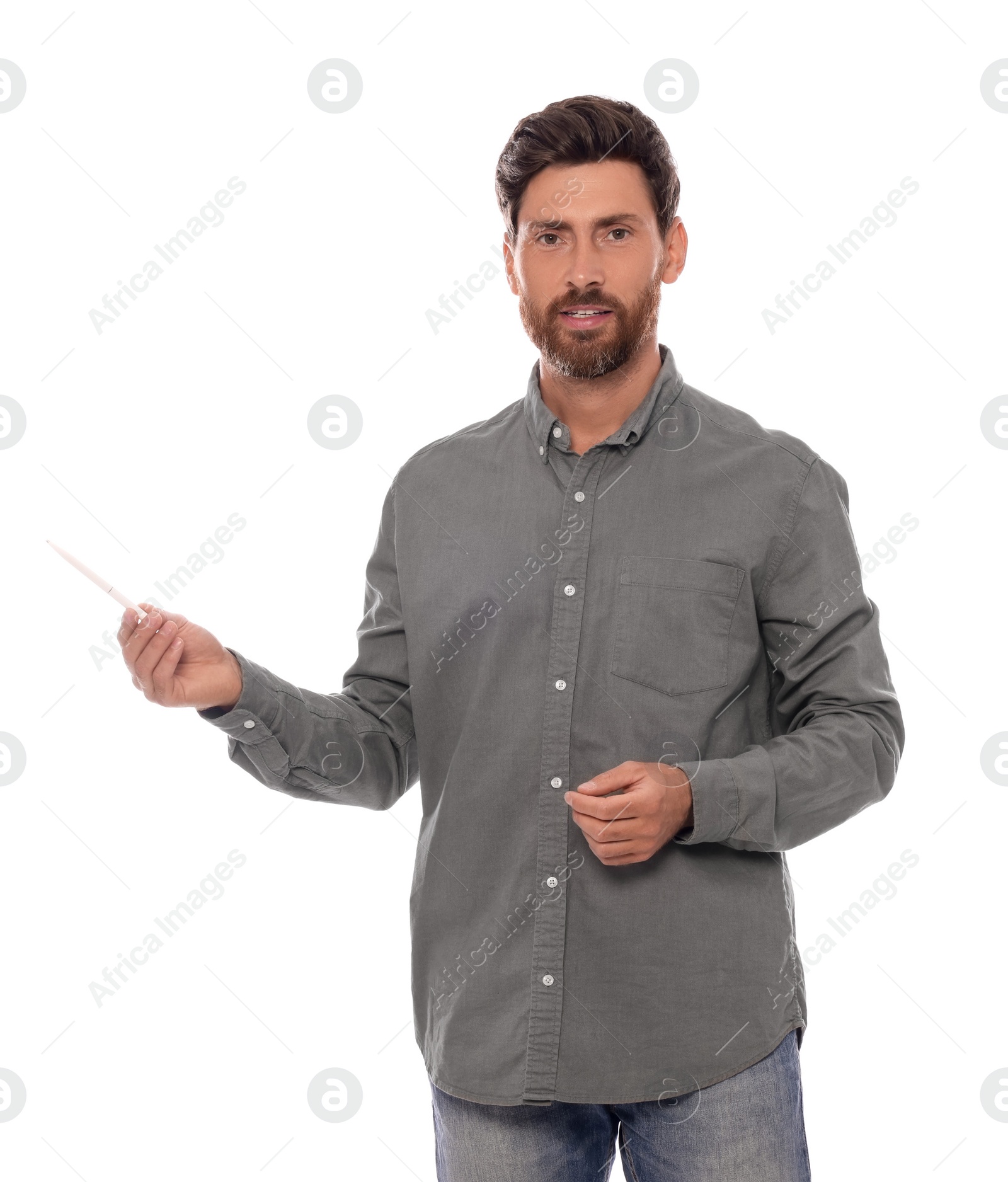 Photo of Handsome man gesturing on white background. Weather forecast reporter