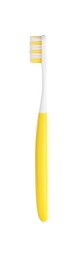 Photo of Yellow plastic toothbrush isolated on white. Dental care