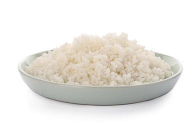 Photo of Plate with delicious rice isolated on white