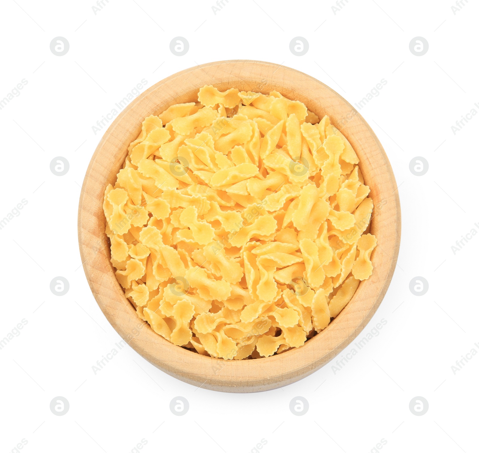 Photo of Raw farfalline pasta in bowl isolated on white, top view