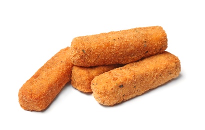 Pile of tasty cheese sticks isolated on white