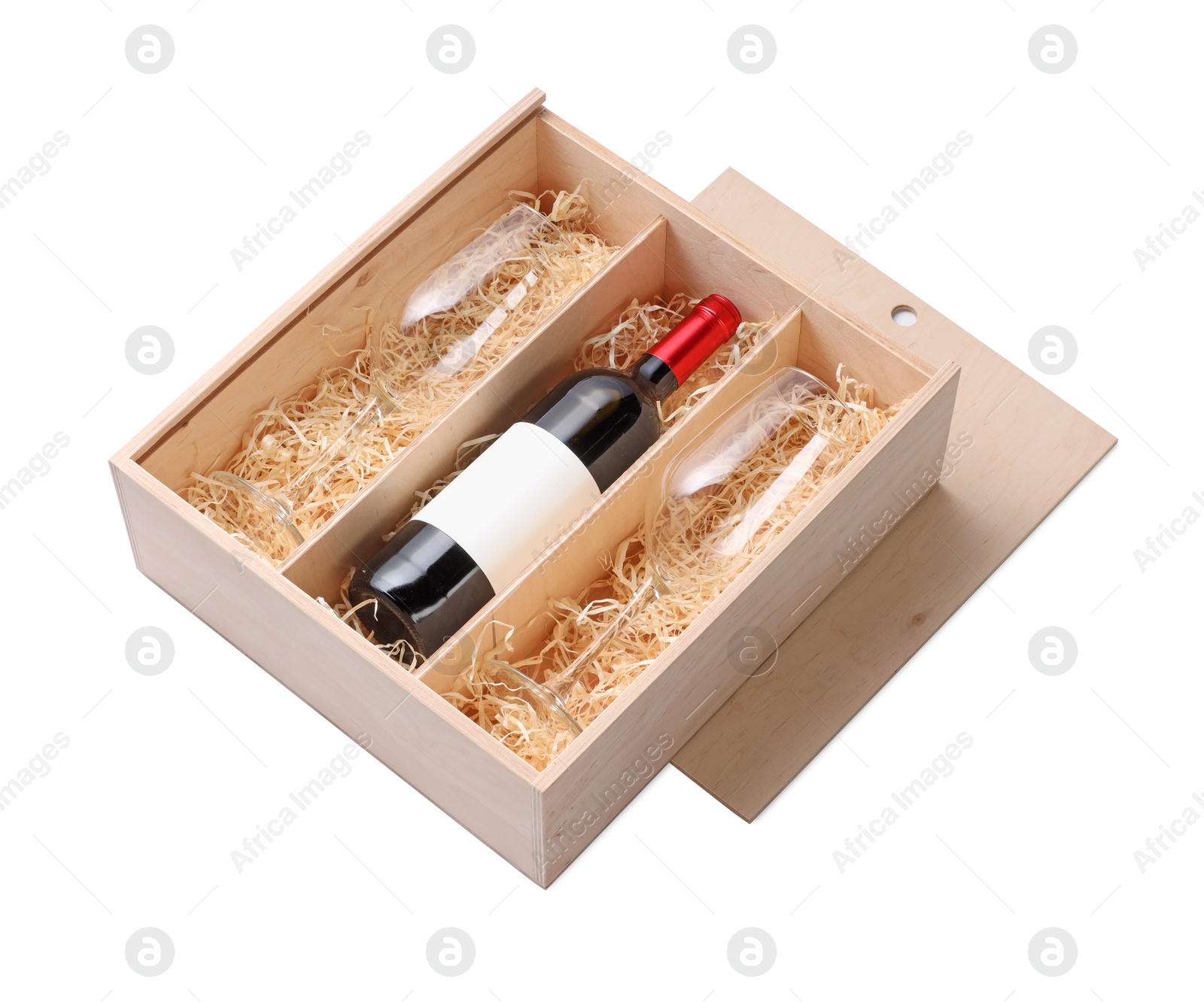 Photo of Wooden gift box with bottle of wine and glasses isolated on white