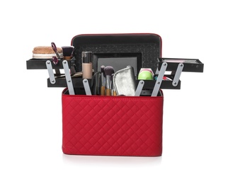 Photo of Stylish case with makeup products and beauty accessories on white background