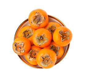 Photo of Bowl with whole delicious juicy persimmons isolated on white, top view