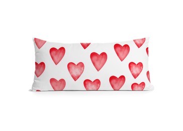 Image of Soft pillow with printed red hearts isolated on white