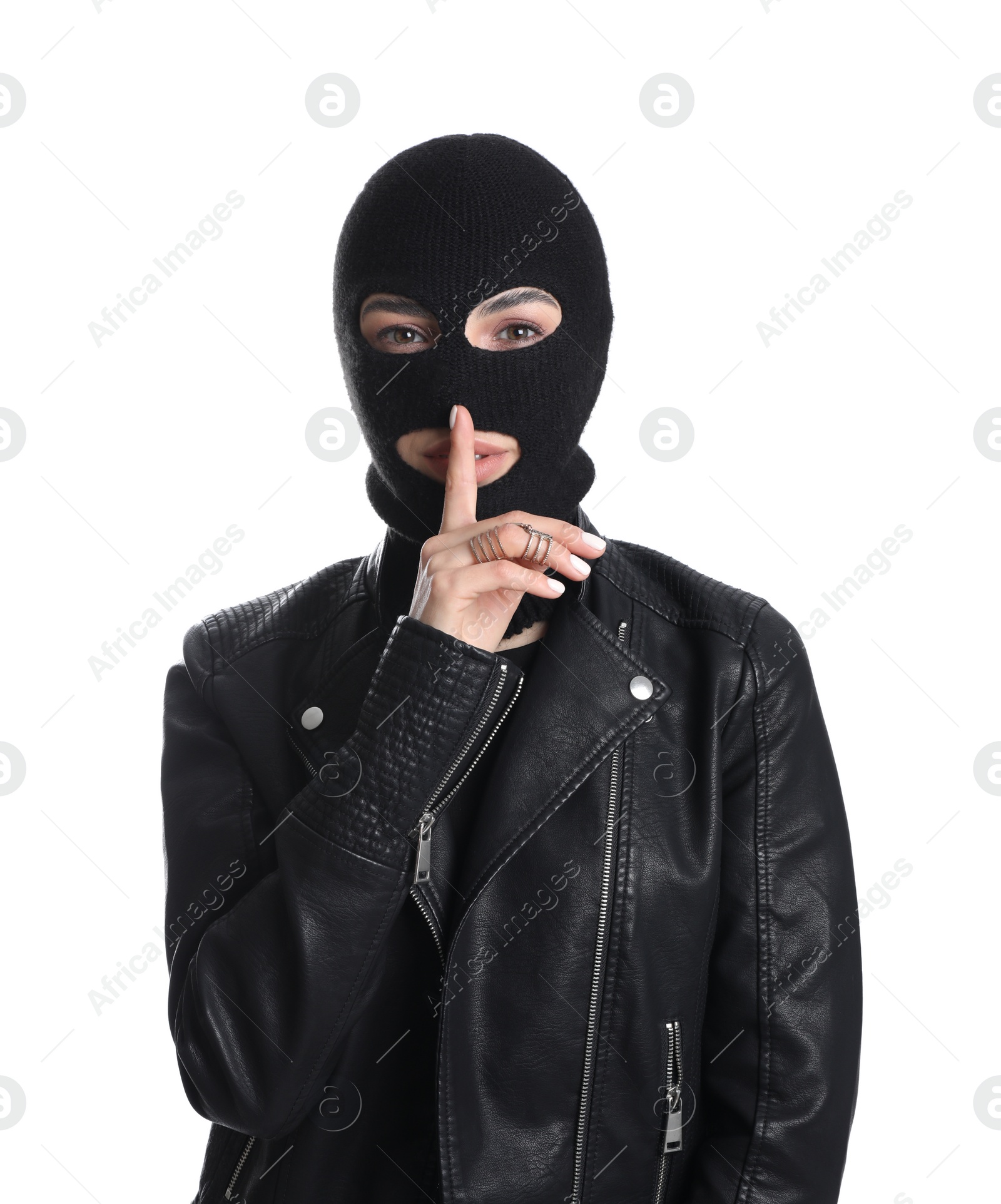 Photo of Woman wearing knitted balaclava on white background