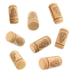 Set with wine corks on white background