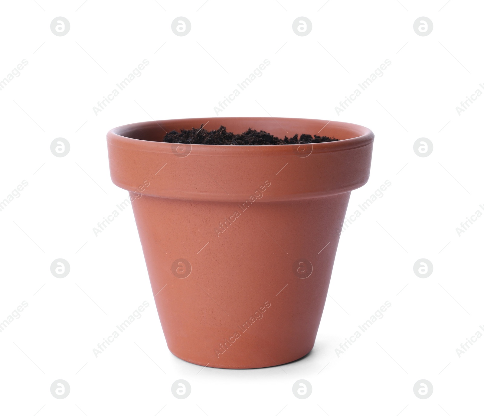 Photo of Stylish terracotta flower pot with soil isolated on white