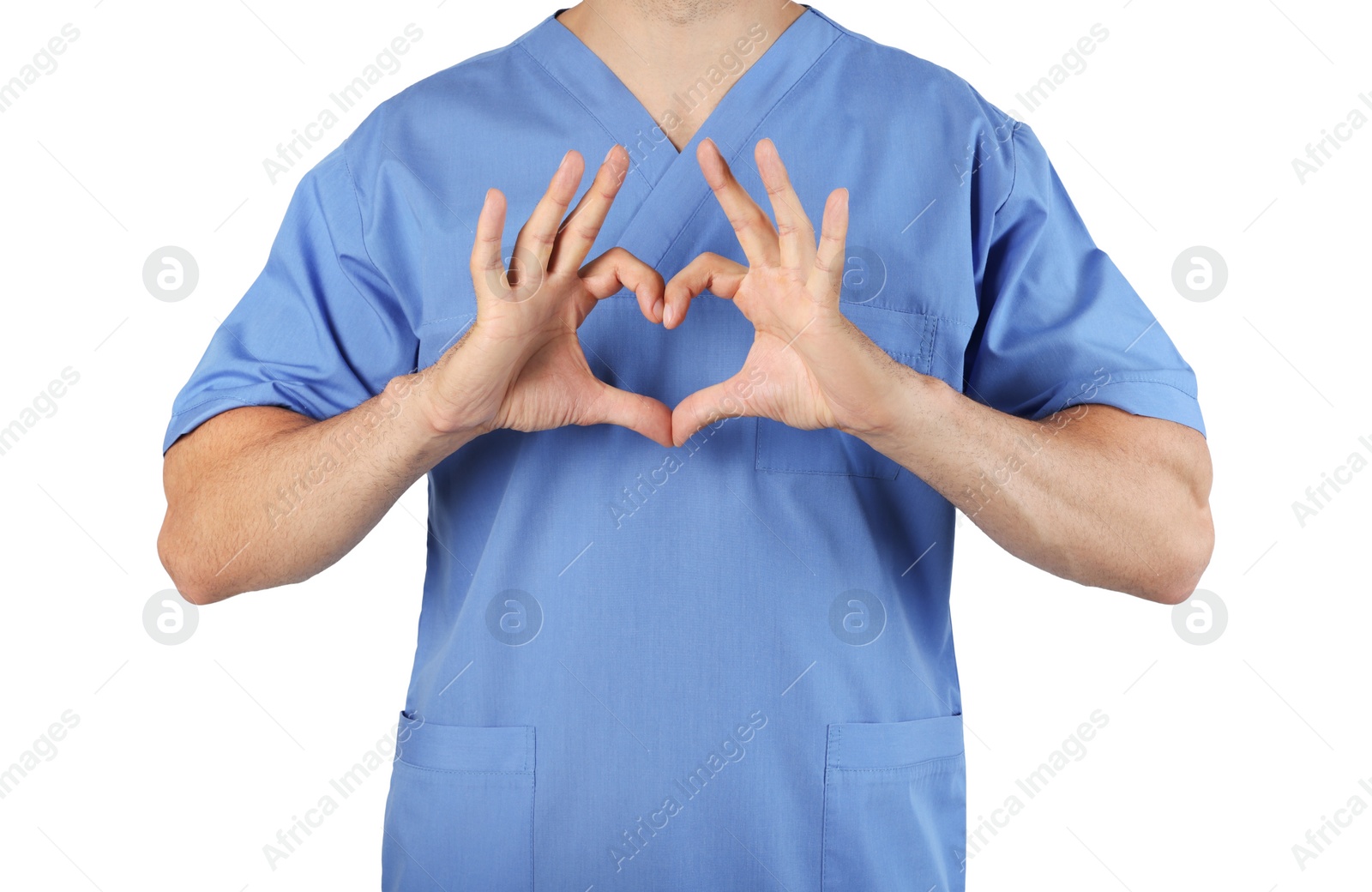 Photo of Doctor making heart with hands on white background, closeup