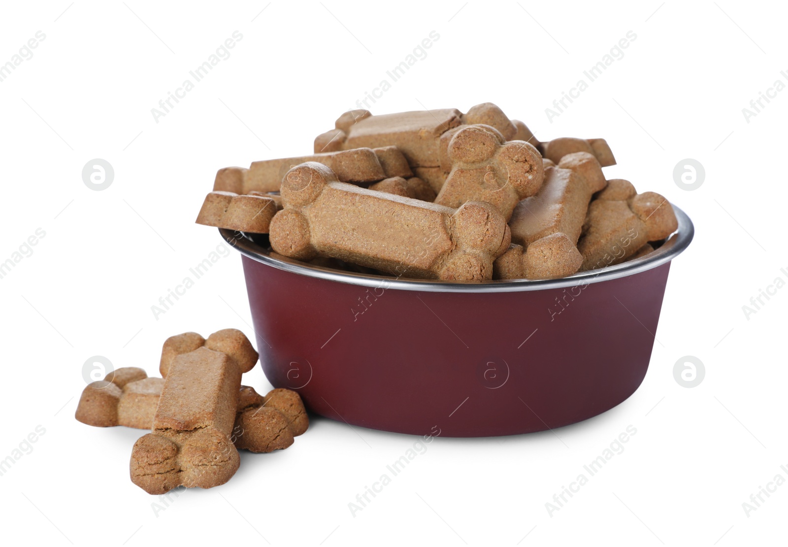 Photo of Bone shaped dog cookies and feeding bowl on white background