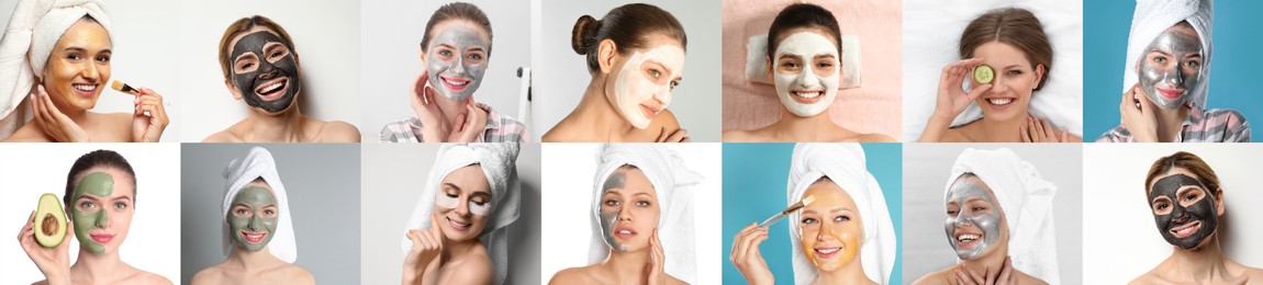 Collage with photos of women with cleansing and moisturizing masks on faces. Banner design