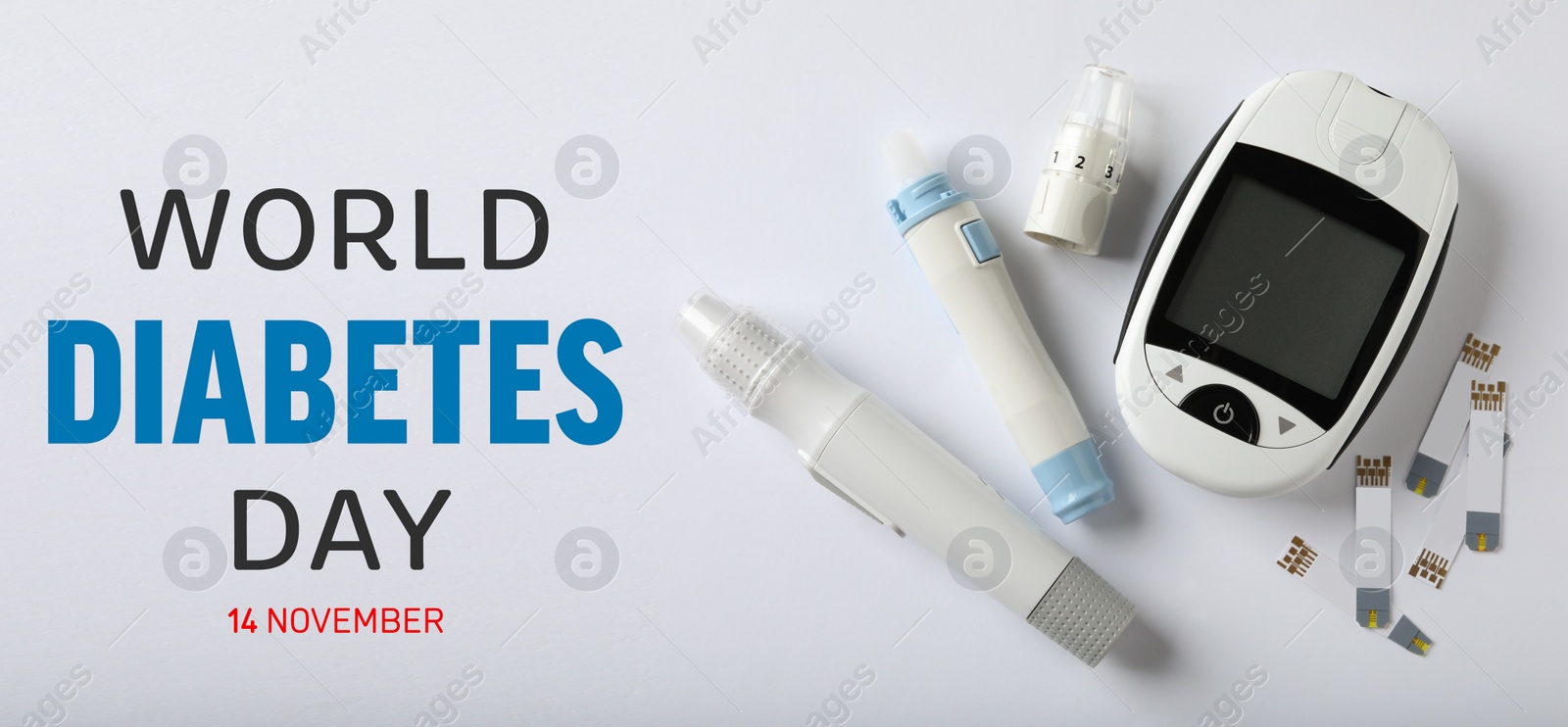 Image of World Diabetes Day. Digital glucometer, lancet pens and test strips on white background, flat lay. Banner design