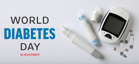 Image of World Diabetes Day. Digital glucometer, lancet pens and test strips on white background, flat lay. Banner design