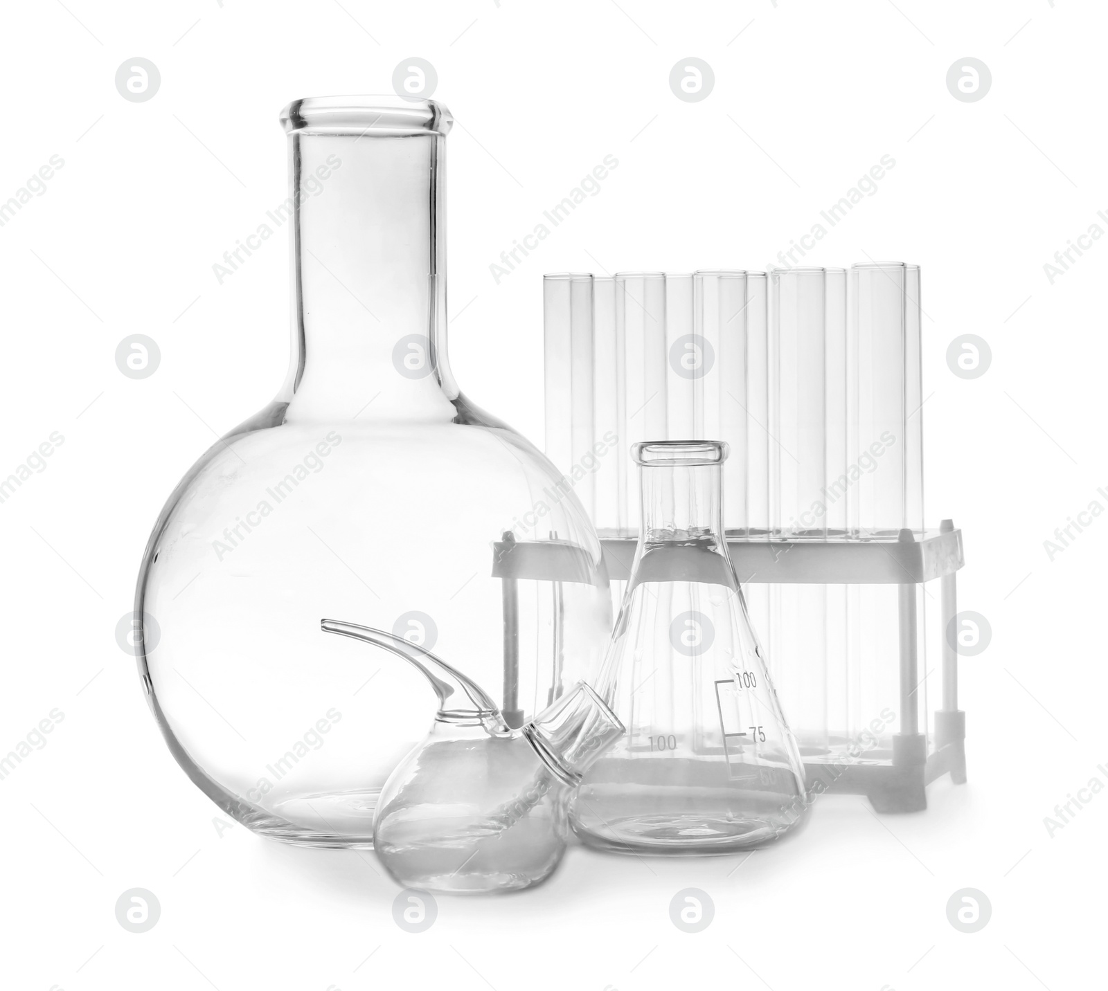 Photo of Set of empty laboratory glassware on white background