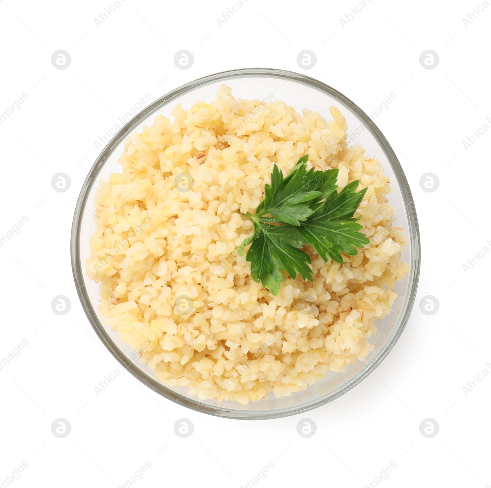 Photo of Delicious bulgur with parsley in bowl isolated on white, top view