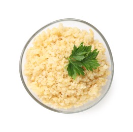 Photo of Delicious bulgur with parsley in bowl isolated on white, top view