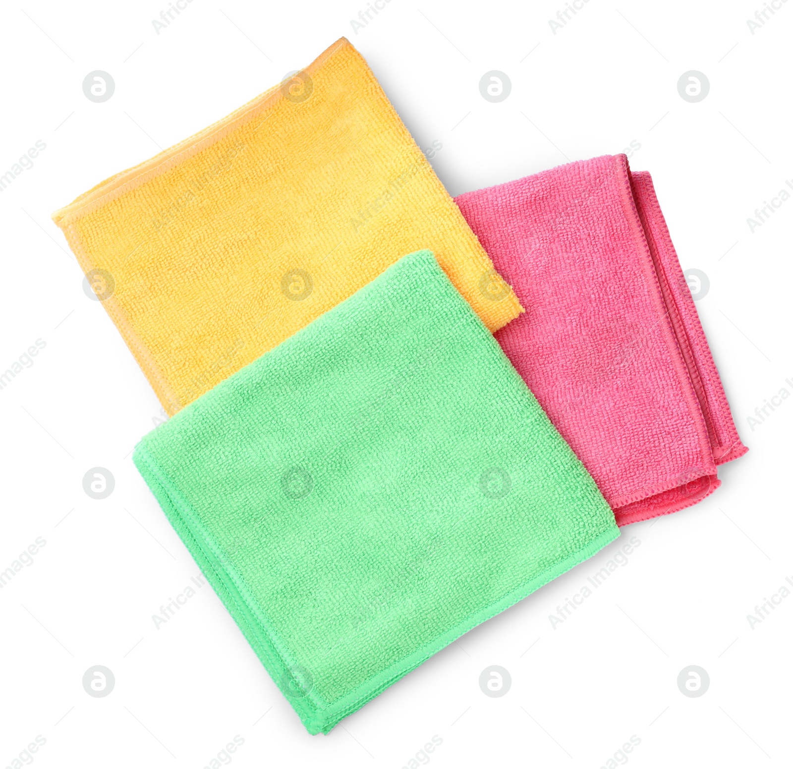 Photo of Colorful microfiber cloths on white background, top view