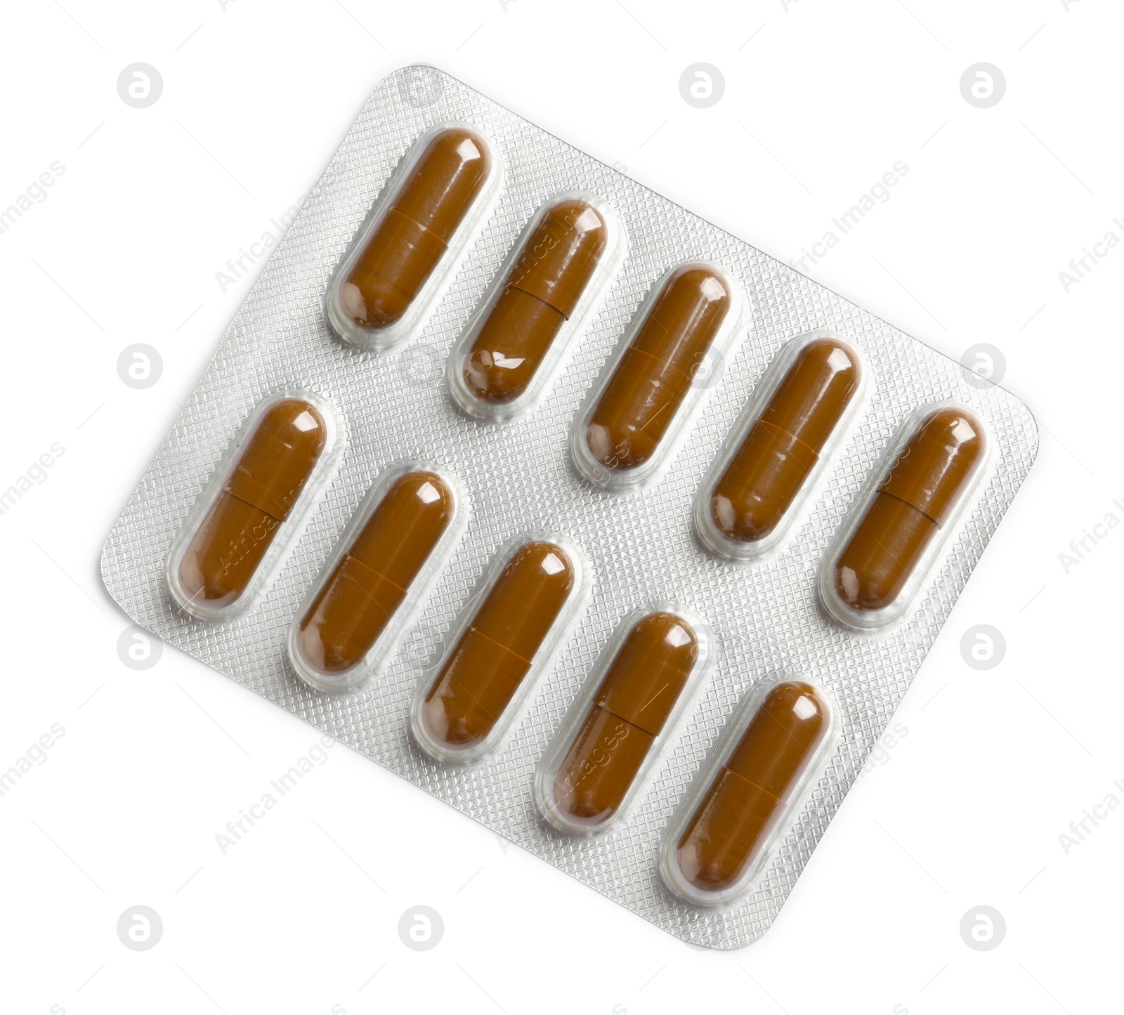 Photo of Blister with bright pills isolated on white, top view