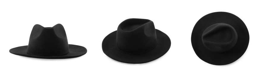 Image of Set with stylish black hats on white background, banner design. Trendy headdress