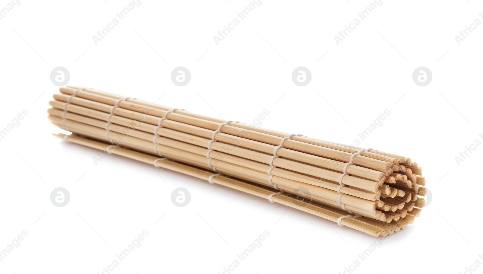 Photo of Rolled sushi mat made of bamboo on white background