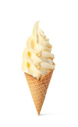 Image of Delicious soft serve vanilla ice cream in crispy cone isolated on white